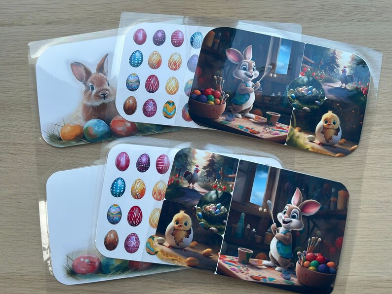 K&ouml;nnte beinhalten: Vier druckbare Karten mit einem Hasen und einem K&uuml;ken. Die Karten haben einen wei&szlig;en Hintergrund mit bunten Ostereiern und einem Rand aus gr&uuml;nem Gras. Der Hase h&auml;lt einen Pinsel und das K&uuml;ken sitzt in einer Eierschale. Die Karten sind perfekt f&uuml;r Osterbasteln oder Dekorationen.