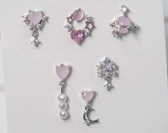 Himmlische Ohrringe, Mond und Stern Ohrringe, Silber Ohrringe Set, rosa Ohrringe, Perlenohrringe baumeln, süße Ohrringe, Minimalist Ohrringe