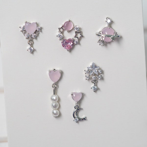 Celestial Earrings, Moon And Star Earrings, Silver Earrings Set, Pink Earrings, Pearl Earrings Dangle, Cute Earrings, Minimalist Earrings