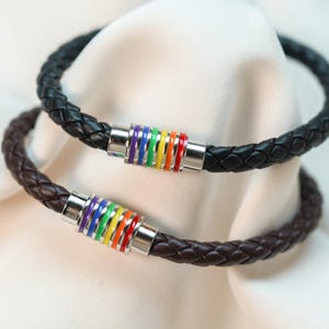 Leather Pride Bracelet, Rainbow Magnetic Bracelet, LGBT Jewelry, Black or Brown Leather Bracelet, Gift for Her or Him, Braided Bracelet