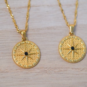 18K Gold Dainty Necklace, North Star Necklace, Minimalist Circle Necklace, Starburst Necklace, Compass Necklace, Christmas Gifts for Her