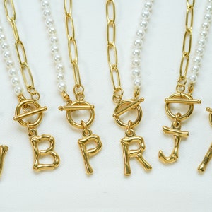Pearl Chain Necklace, Toggle Necklace, Gold Chain Necklace, Paperclip Necklace, Gold Initial Necklace, Handmade Jewelry, Initials Necklace
