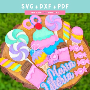 Topo de bolo doce svg | Tema de aniversário da terra dos doces | PDF SVGDXF | Download instantâneo | Arquivo de corte Cricut e Silhouette