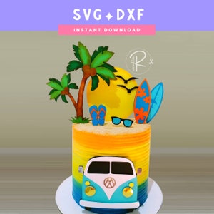 サーフ ケーキ トッパー SVG | サーファー バースデー テーマ | コンビ バン | SVG DXF | 即時ダウンロード | Cricut および Silhouette カット ファイル