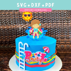 プールパーティー ケーキ トッパー SVG | 女の子の誕生日テーマ | SVG DXF PDF | 即時ダウンロード | Cricut および Silhouette カット ファイル