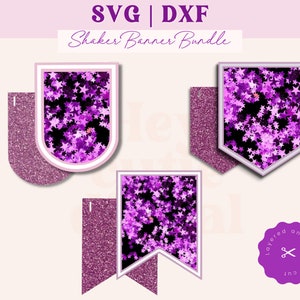Puede incluir: Un conjunto de archivos de corte de banner shaker morado y blanco para manualidades. Las pancartas presentan un patrón de estrellas moradas brillantes. El texto "SVG | DXF Shaker Banner Bundle" está en la parte superior de la imagen. El texto "capas y fácil de cortar" está en un círculo en la parte inferior de la imagen.