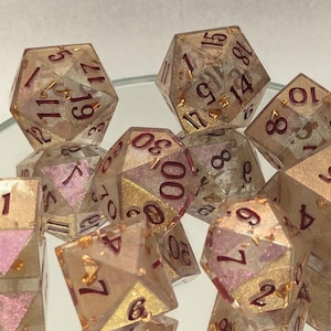 Gilded Rose - Handmade 8 Piece Set (with two D20s)  / Sharp Edge Polyhedral Resin Dice / DnD Dice / Dungeons & Dragons / Dice