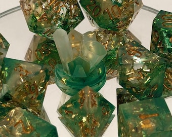 Golden Ivy - Handmade 9 Pc Set (w/two D4s and D20s)  / Sharp Edge Polyhedral Dice / DnD Dice / Dungeons & Dragons / TTRPG