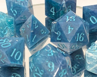 Gates of the Undersea - Oversize Handmade 10 Pc Set (w/two D4s, two D20s, and a 25mm D20) / Sharp Edge Polyhedral Dice / Dungeons & Dragons