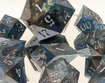 Edge of the Galaxy - Handmade 8 Piece Set + 25mm Jumbo D20  / Sharp Edge Polyhedral Dice / DnD / Dungeons & Dragons / TTRPG Dice / Handmade