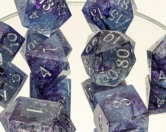 Twilight Cascade - Handmade 8 Piece Set (w/ two D20s)  / Sharp Edge Polyhedral Dice / DnD Dice / Dungeons & Dragons / TTRPG Dice / Dice