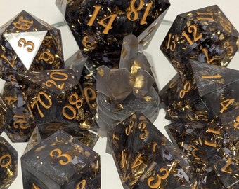 Black Gold - Handmade 9 Piece Set + 25mm Jumbo D20  / Sharp Edge Polyhedral Dice / DnD Dice / Dungeons & Dragons / TTRPG Dice / Handmade