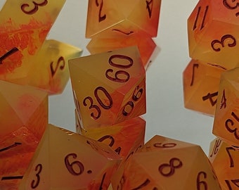 Flame Kissed - 8 Piece Set (with two D20s) / Sharp Edge Polyhedral Dice / DnD Dice / Dungeons & Dragons / TTRPG Dice / Dice