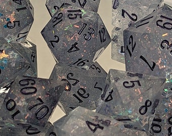 Purple Mirror - Handmade 8 Piece Set + 25mm Jumbo D20  / Sharp Edge Polyhedral Dice / DnD Dice / Dungeons & Dragons / TTRPG Dice / Handmade