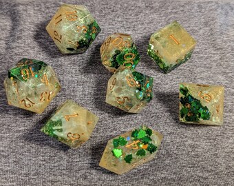 Gilded Evergreen - Handmade 8 Piece Set (with two D20s)  / Sharp Edge Polyhedral Resin Dice / DnD Dice / Dungeons & Dragons / Dice