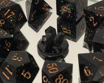 Golden Nightfall - Handmade 9 Pc Set (w/two D4s and D20s)  / Sharp Edge Polyhedral Dice / DnD / Dungeons & Dragons / TTRPG