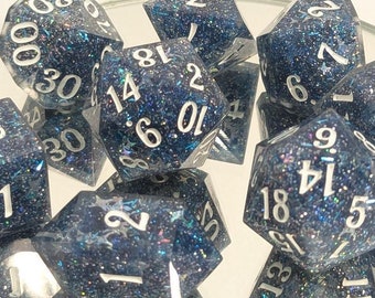 Blue Glitter Bombs - 8 Piece Set (with two D20s) / Sharp Edge Polyhedral Dice / DnD Dice / Dungeons & Dragons / TTRPG Dice / Dice