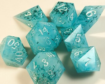 Teal All - Handmade 8 Piece Set + 25mm Jumbo D20  / Sharp Edge Polyhedral Dice / DnD Dice / Dungeons & Dragons / TTRPG Dice / Handmade