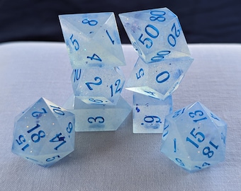 Glittering Frost - Handmade 8 Piece Set (w/ two D20s)  / Sharp Edge Polyhedral Dice / DnD Dice / Dungeons & Dragons / TTRPG Dice / Dice