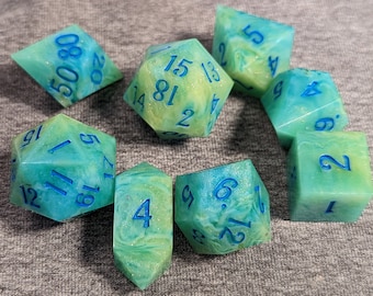 Jadeite Swirls - Handmade 8 Piece Set (with two D20s)  / Sharp Edge Polyhedral Resin Dice / DnD Dice / Dungeons & Dragons / Dice