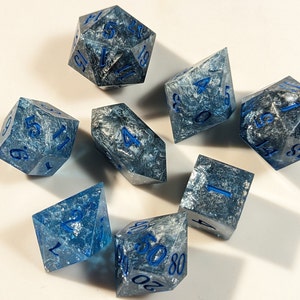 Mercury in Water - Handmade 8 Piece Set + 25mm Chonk  / Sharp Edge Polyhedral Dice / DnD Dice / Dungeons & Dragons / TTRPG Dice / Dice