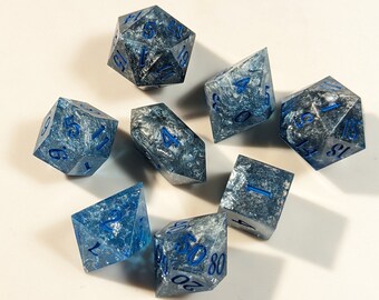 Mercury in Water - Handmade 8 Piece Set + 25mm Chonk  / Sharp Edge Polyhedral Dice / DnD Dice / Dungeons & Dragons / TTRPG Dice / Dice