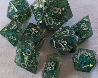Green Stars - Handmade 8 Piece Set + 30mm Chonk  / Sharp Edge Polyhedral Dice / DnD Dice / Dungeons & Dragons / TTRPG Dice / Dice