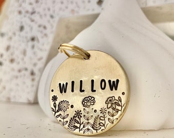 Birth Month Flower Field Hand-stamped Brass or Silver Pet ID Tag Keychain