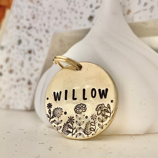 Birth Month Flower Field Hand-stamped Brass or Silver Pet ID Tag Keychain
