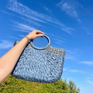 Handmade Blue Straw Beach Beach Tote with Gold Detail, Blue Beach Bag, Straw Beach Bag, Luxury Beach Bag, Gold Beach Bag