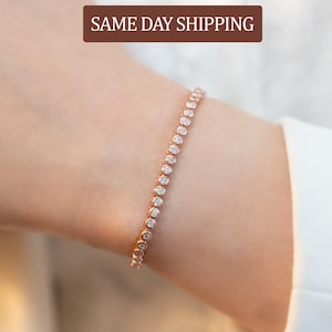 Tennisarmband mit 2 mm Roségold-Lünette, 14–23 cm, Armband mit im Labor gezüchtetem Moissanit, Roségold-Armband, Geschenk für Sie, zierlich, elegant, zum Kombinieren