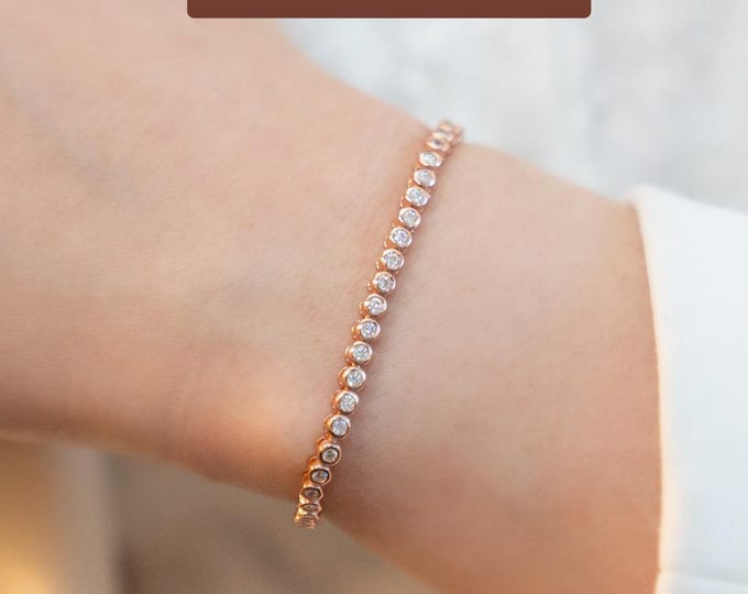 2MM Rose Gold Bezel Tennis Bracelet 5.5" - 9.0" Lab Grown Moissanite Bracelet Rose Gold Bracelet Gift For Her Dainty Elegant Stacking