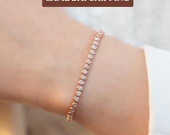 2MM Rose Gold Moissanite Bracelet 18K Rose Gold VVS1 5.5" - 9.0"  Bridal Wedding Rose Gold Bezel Tennis Bracelet Rose Gold Gift For Her