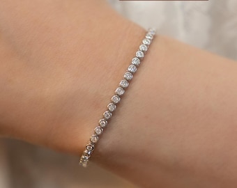 Moissanite Bezel Bracelet 2MM 18K White Gold 5.5" - 9.0" Bridal Wedding Bracelet Moissanite Jewelry Engagement Gift For Her Anniversary Gift