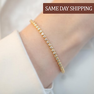Moissanite Bezel Tennis Bracelet 2MM 5.5"-9.0" 18K Yellow Gold Lab Grown Bracelet Mom Anniversary Wedding Gift For Her Moissanite Bracelet
