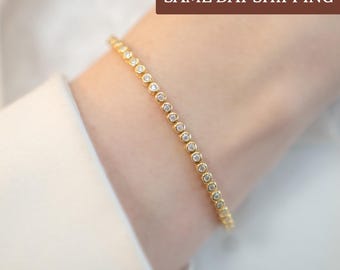 Moissanite Bezel Tennis Bracelet 2MM 5.5"-9.0" 18K Yellow Gold Lab Grown Bracelet Mom Anniversary Wedding Gift For Her Moissanite Bracelet