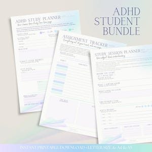 May include: A digital ADHD student bundle featuring three printable planner sheets with soft pastel gradients. The pages include an ADHD study planner, an assignment tracker, and a study session planner, all containing organised sections and text.