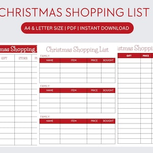 Printable Christmas Shopping Gift List Tracker, Christmas Planner, Holiday Shopping List | A4 & US Letter Size | Instant Download