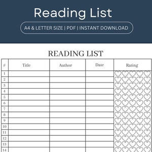 Rastreador de lista de lectura imprimible, Planificador de diario del rastreador de libros de registro de lectura, Libros para leer, Clasificación de corazones /A4 y tamaño de carta de EE. UU./ Descarga instantánea