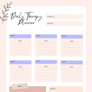 Peut inclure: Un planificateur de thérapie quotidien imprimable avec des sections pour le nom du client, le sujet, les notes et une citation. Le planificateur a un fond rose clair avec un motif floral.