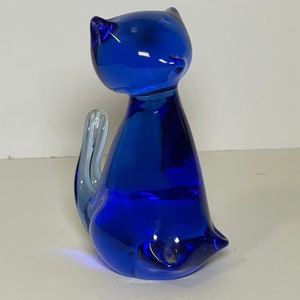 Murano Glass Cobalt Blue Long Tail Sitting Cat Figurine Paperweight