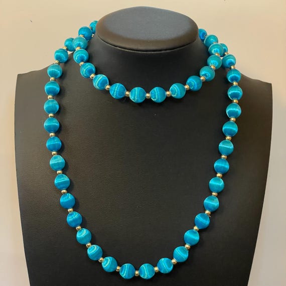 Vintage Silk Beaded Necklace Aqua Blue