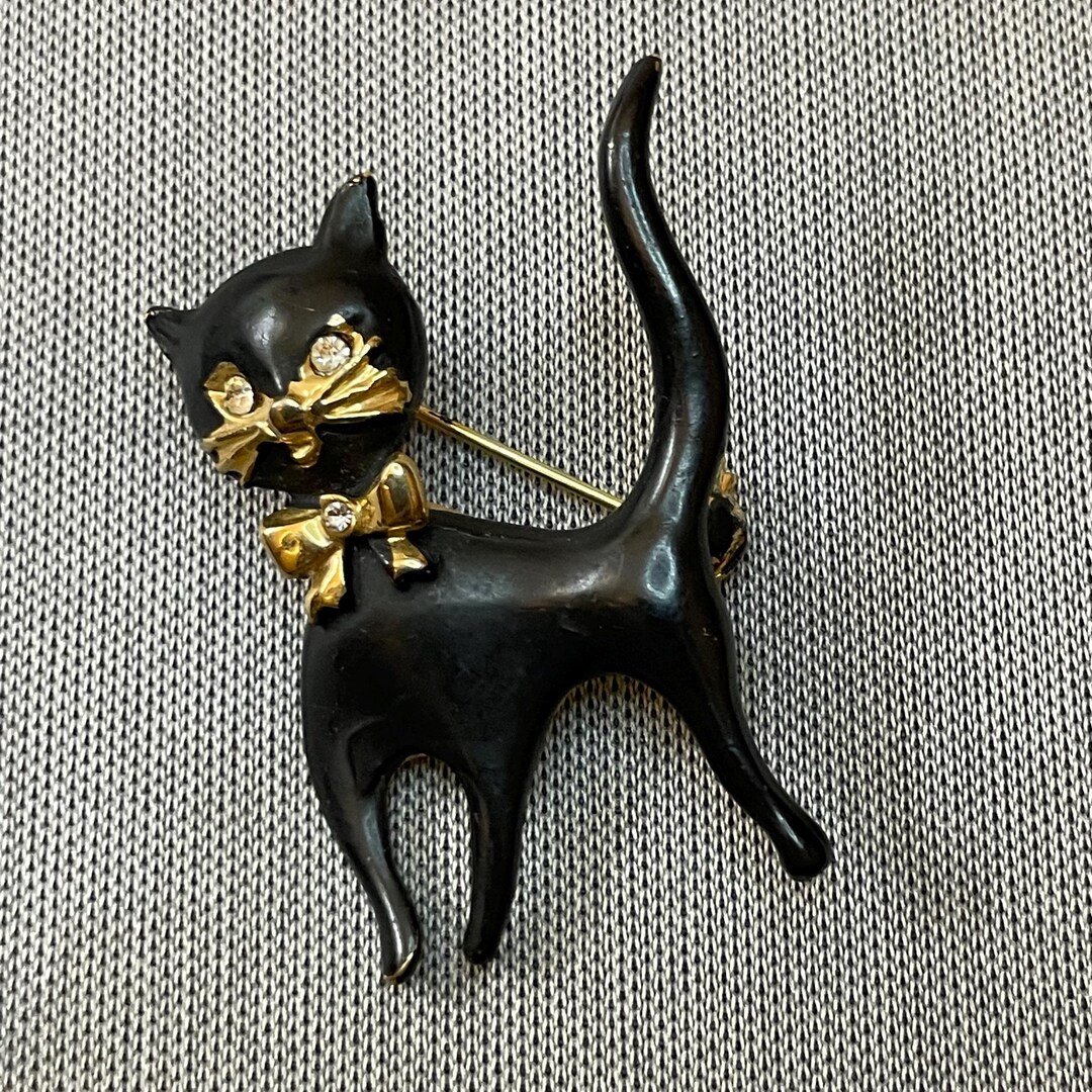 Vintage Black Enamel Rhinestone Eyes Cat Brooch - Etsy