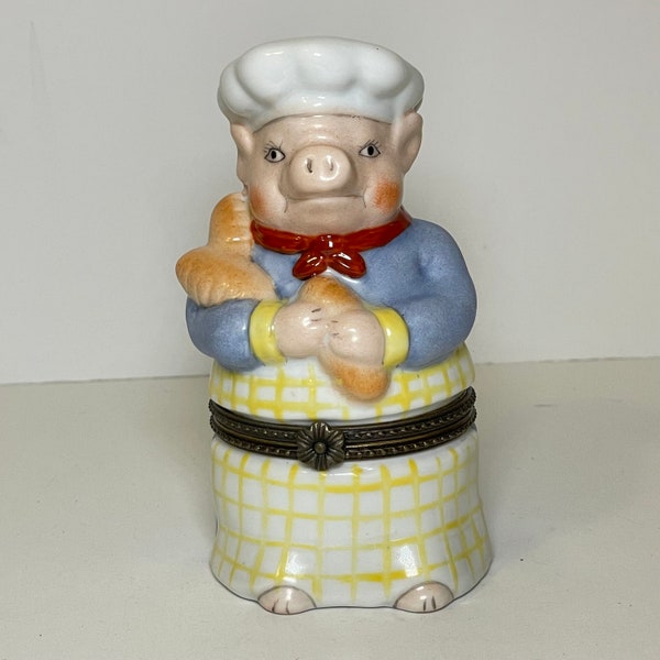 Chef Cook Pig  Porcelain Hinged Trinket Box