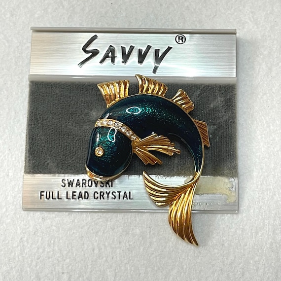 Vintage Swarovski Gold Plated Green Enamel Fish Brooch