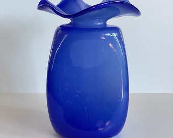 Handmade Blue Pinched Flower Vase Ruffled Top Pontil 5”