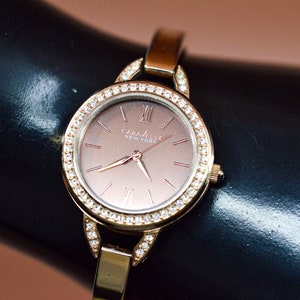 Caravelle Ney York, dark gold tone, crystals, womens bracelet wrist watch