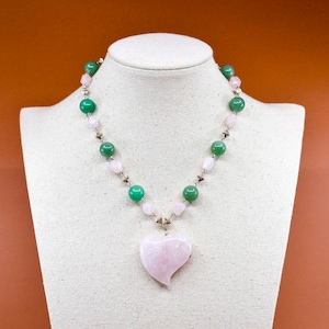 Green and pink tone, Jade and Rose quartz, beaded, fashion pendant necklace, 16 inches