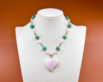 Green and pink tone, Jade and Rose quartz, beaded, fashion pendant necklace, 16 inches