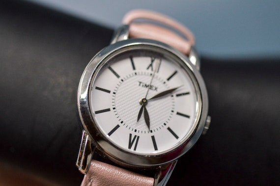 Timex, silver tone with white dial, pink bracelet… - image 1